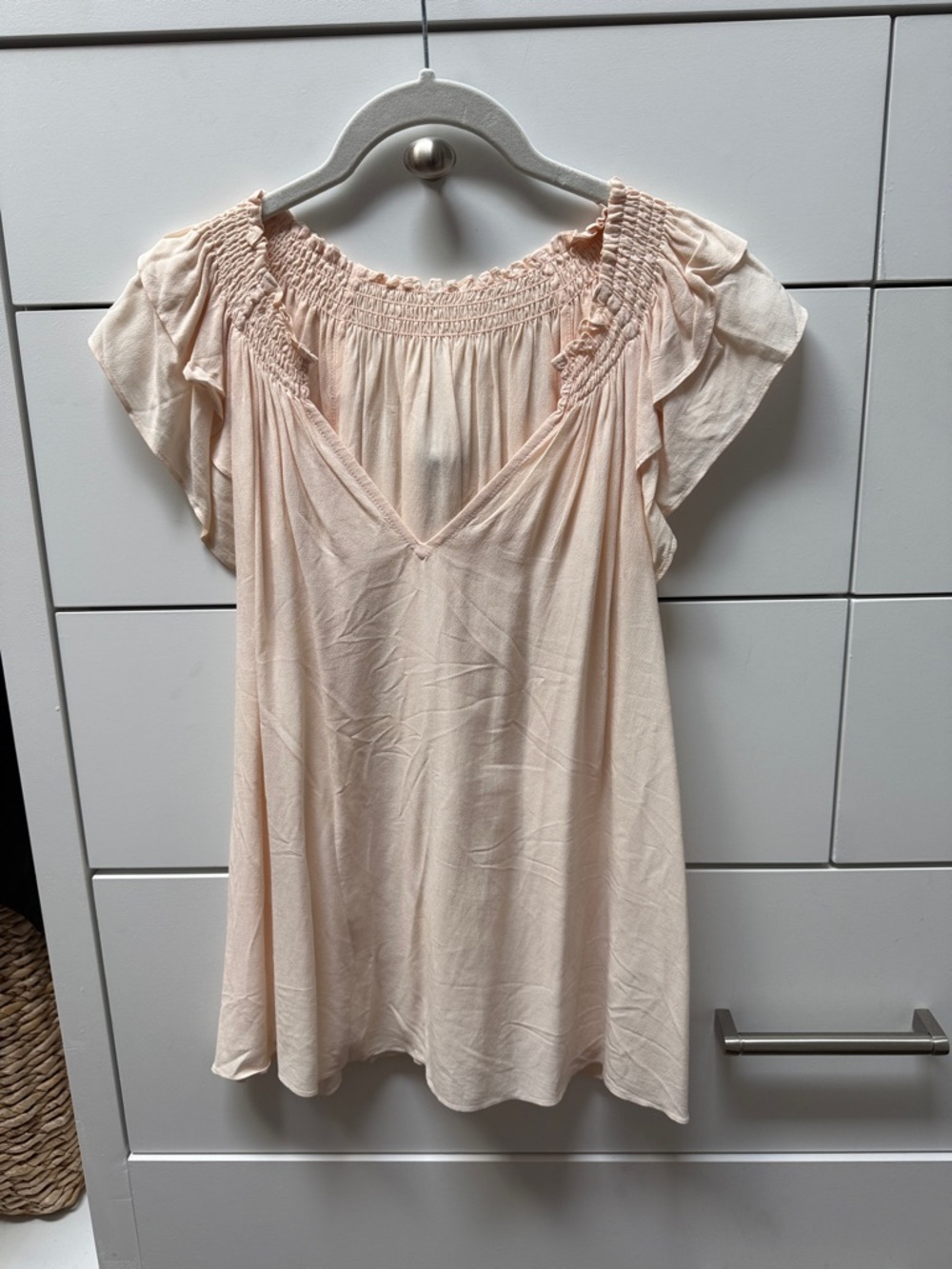 ba&sh Pale Pink Smocked V-Neck Flutter Sleeve Blouse